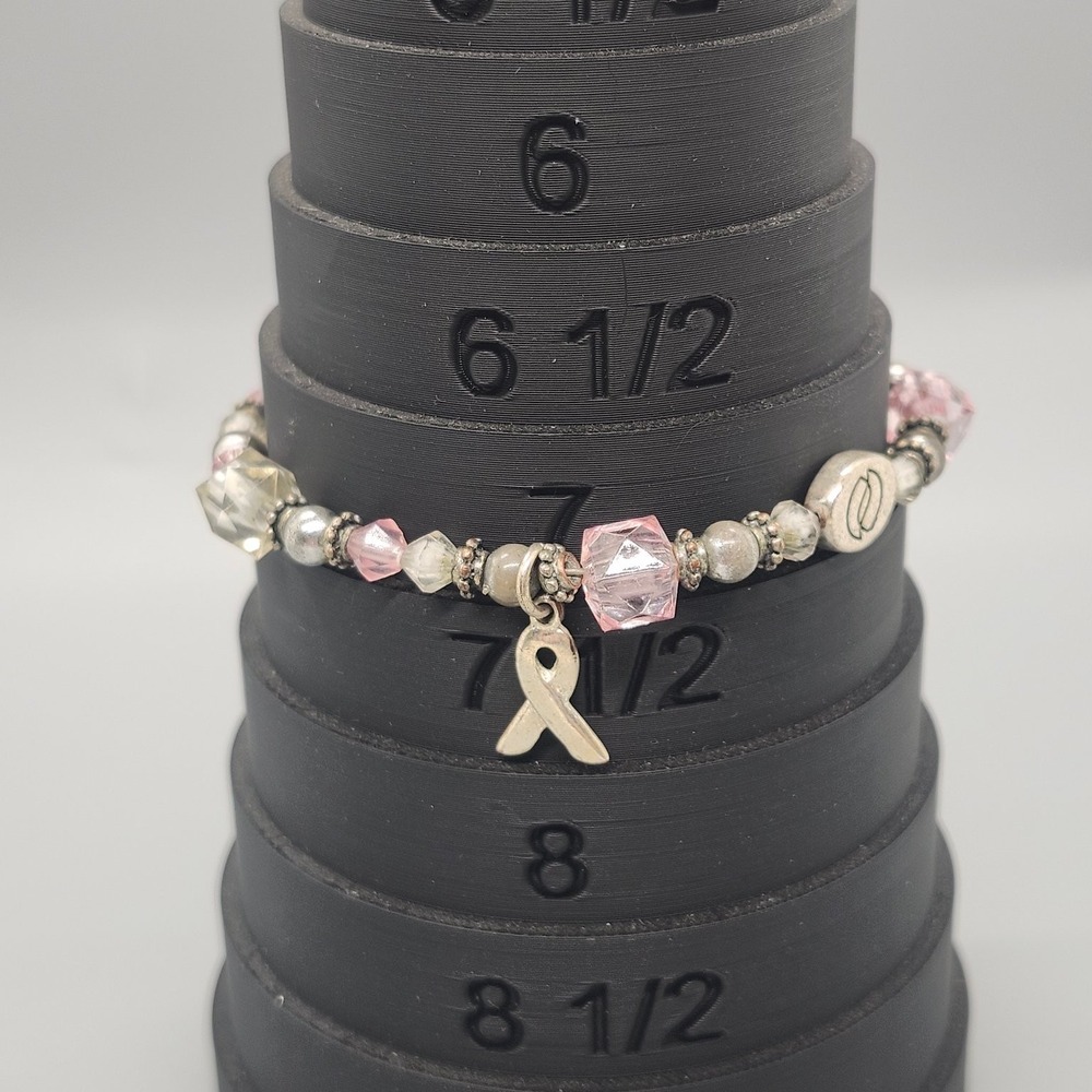 Beaded Charm Bracelet 7.5" Pink Clear Glass Beads Silver Tone Ribbon Charm